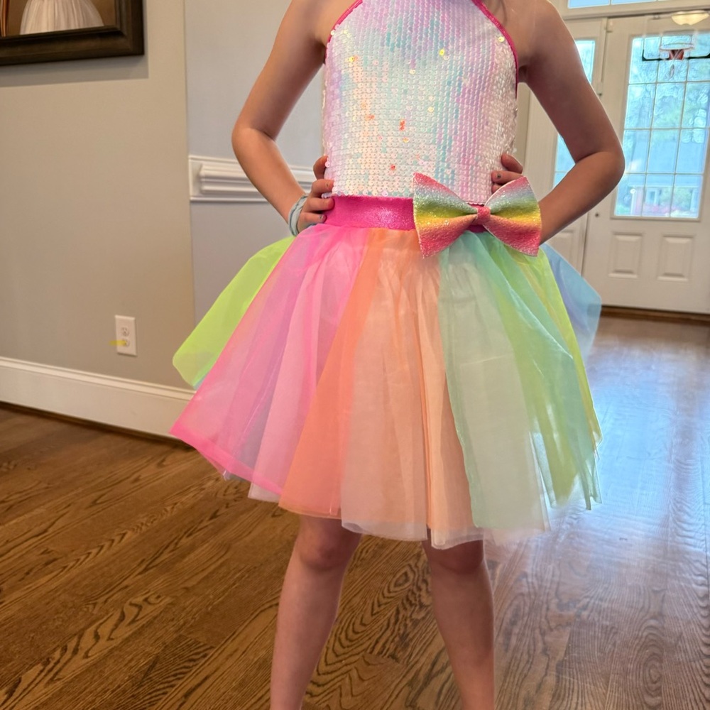 Girls White + Multi-color Sequin Dance Costume with Bow